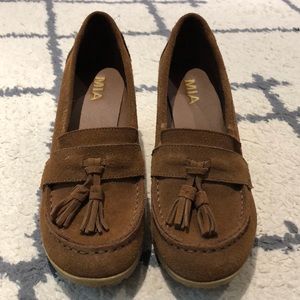 EUC Genuine Suede Mia Moccasin Wedges